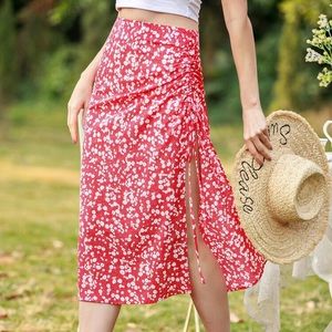 Floral Print Drawstring Side Split Thigh Skirt